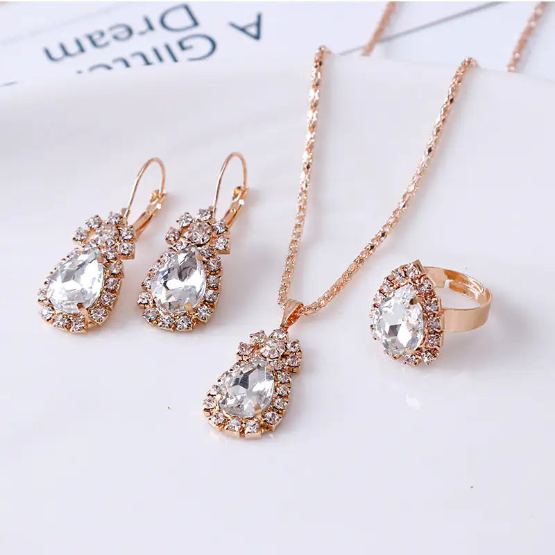 Water Drop Rhinestone Jewelry Set – Sparkling Necklace, Earrings & Ring for Weddings, Prom & Gifts