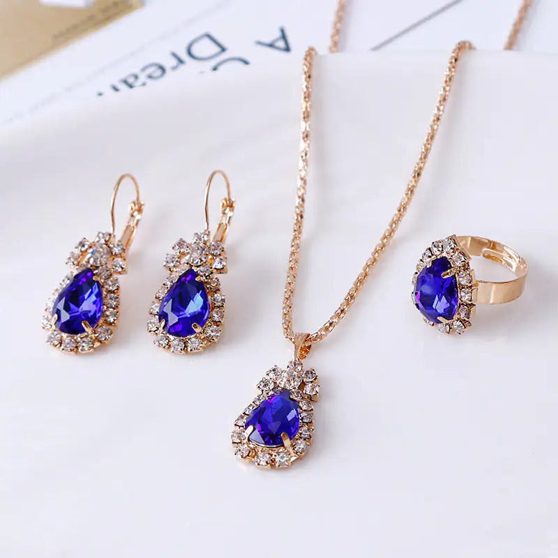 Water Drop Rhinestone Jewelry Set – Sparkling Necklace, Earrings & Ring for Weddings, Prom & Gifts