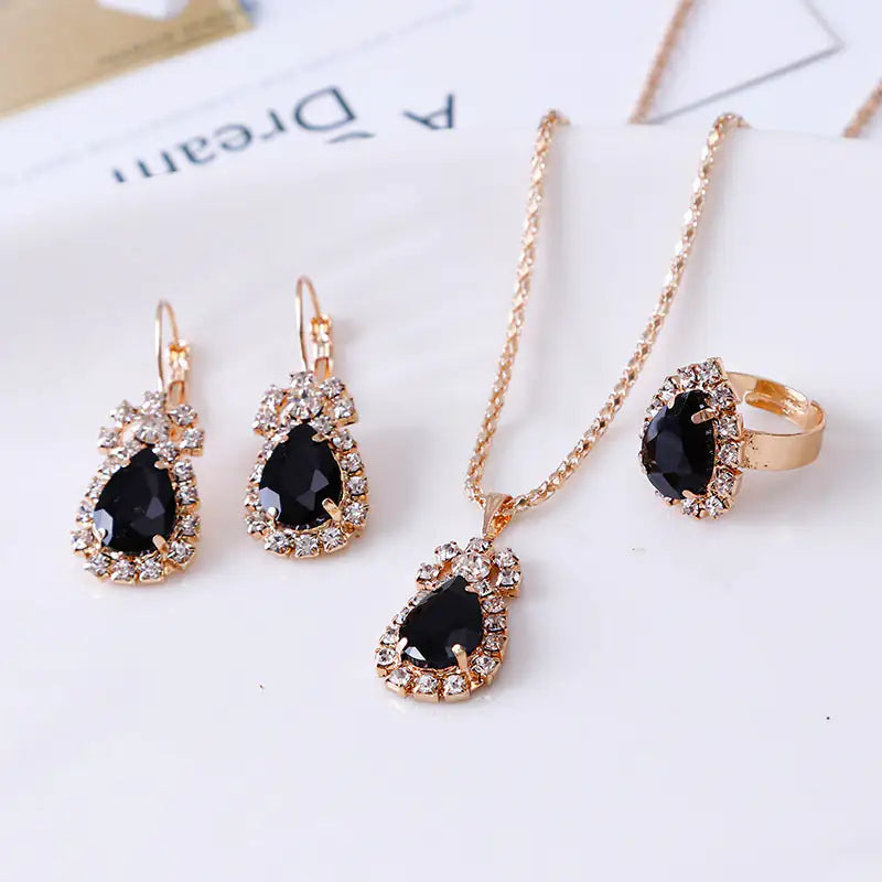 Water Drop Rhinestone Jewelry Set – Sparkling Necklace, Earrings & Ring for Weddings, Prom & Gifts