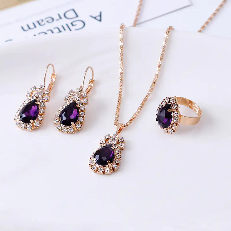 Water Drop Rhinestone Jewelry Set – Sparkling Necklace, Earrings & Ring for Weddings, Prom & Gifts