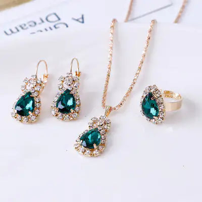 Water Drop Rhinestone Jewelry Set – Sparkling Necklace, Earrings & Ring for Weddings, Prom & Gifts